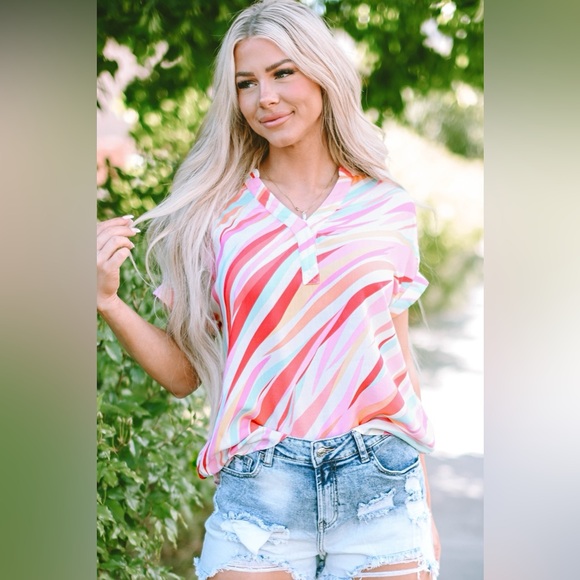 Blush Pink Color Block V-Neck Half Sleeve Blouse - Picture 3 of 8